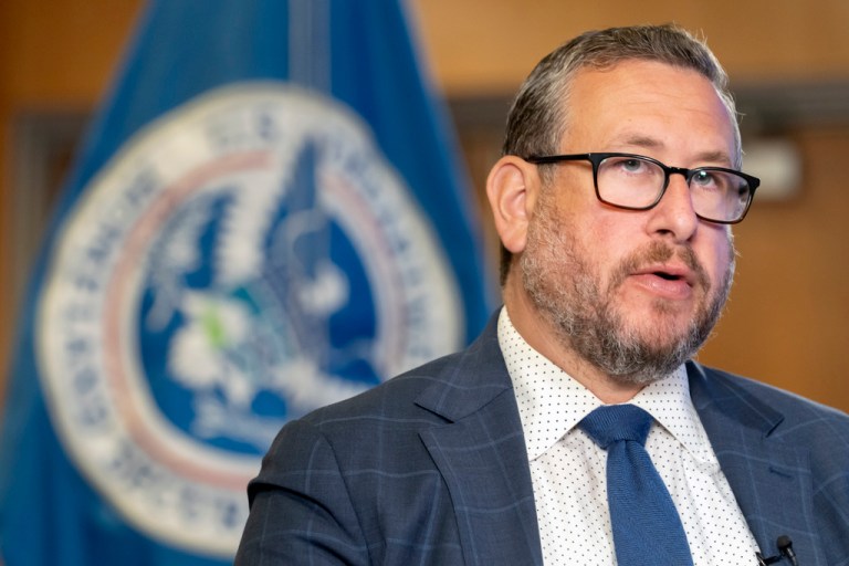 Director of U.S. Citizenship and Immigration Services Joseph Edlow speaks during an interview with the Associated Press at the agency's headquarters Monday, Sept. 8, 2025, in Camp Springs, Md. (AP Photo/Mark Schiefelbein)