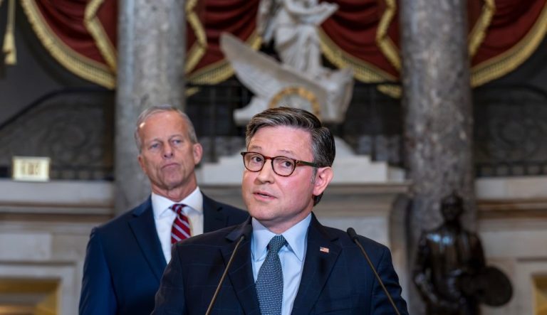 Speaker of the House Mike Johnson, R-La., and Senate Majority Leader John Thune, R-S.D., left, talk with reporters in Statuary Hall on the third day of the government shutdown, at the Capitol in Washington, Friday, Oct. 3, 2025. (AP Photo/J. Scott Applewhite)