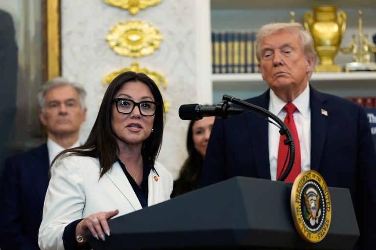President Donald Trump listens as Labor Secretary Lori Chavez-DeRemer speaks in the Oval Office of the White House.