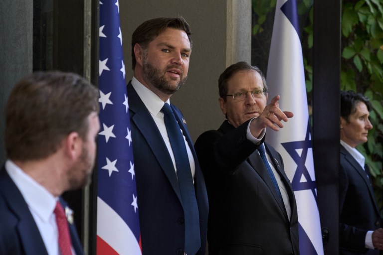 JD Vance, left, stands next to the Israeli President Isaac Herzog after a meeting at the presidential residence, in Jerusalem.