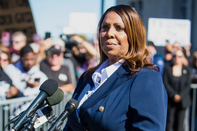 New York Attorney General Letitia James speaks after pleading not guilty.