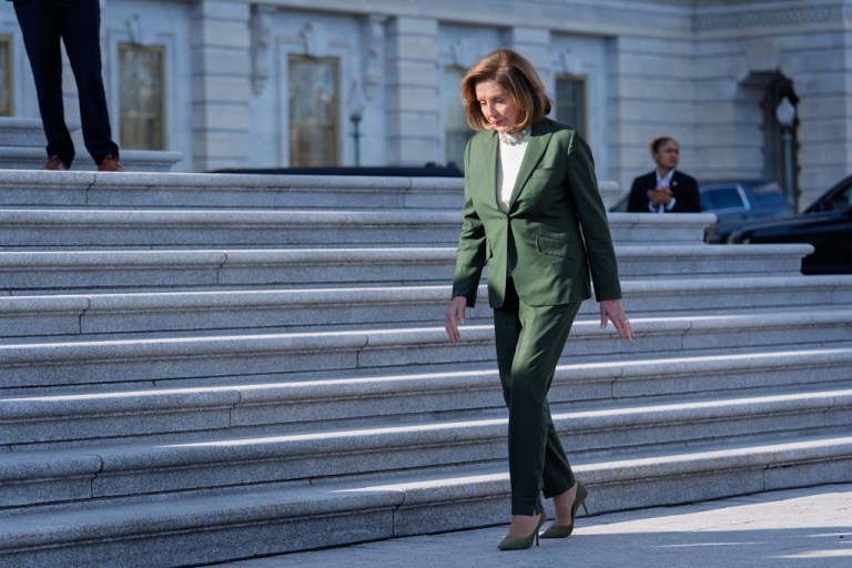 Speaker Emerita Nancy Pelosi (D-CA), who announced that she will not seek reelection to the House, walks to join fellow Democrats at an event on the healthcare fight on the steps of the House before votes to end the government shutdown.