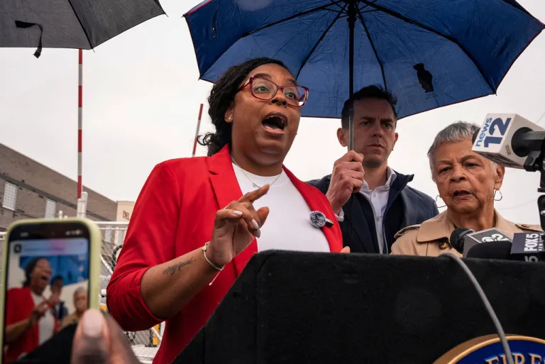Congresswoman Rep. LaMonica McIver, D-N.J., speaks to the press after Newark mayor Ras Baraka was arrested while protesting at Delaney Hall ICE detention prison, May 9, 2025, in Newark, N.J. (AP Photo/Angelina Katsanis, File)