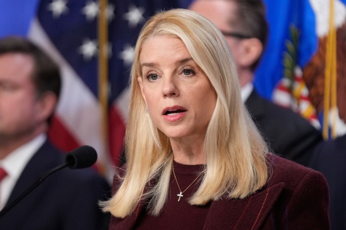 Attorney General Pam Bondi speaks with reporters