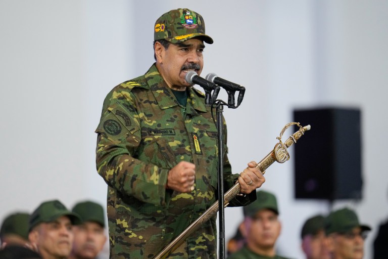 Venezuelan President Nicolás Maduro speaks during a government-organized civic-military rally.