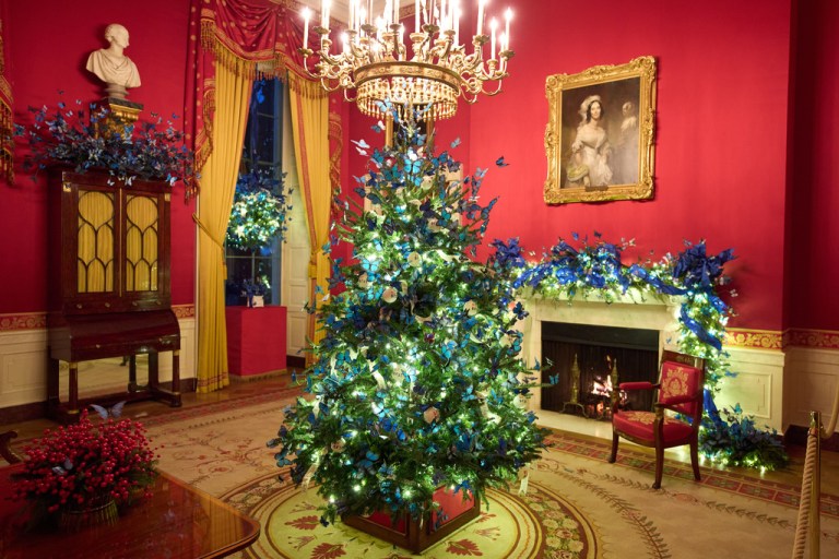 White House Red Room Christmas decor.