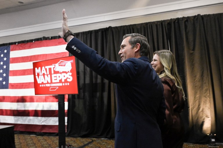 Republican candidate Matt Van Epps waves with his wife, Meg Van Epps.