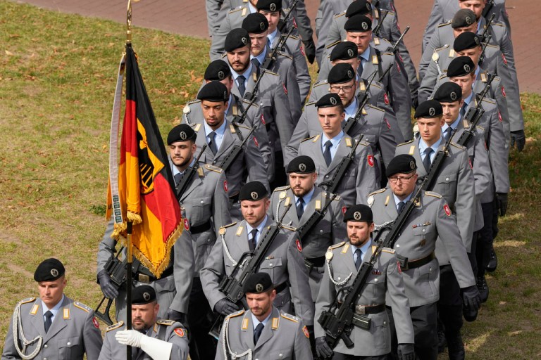 New recruits in the German military march at a ceremony