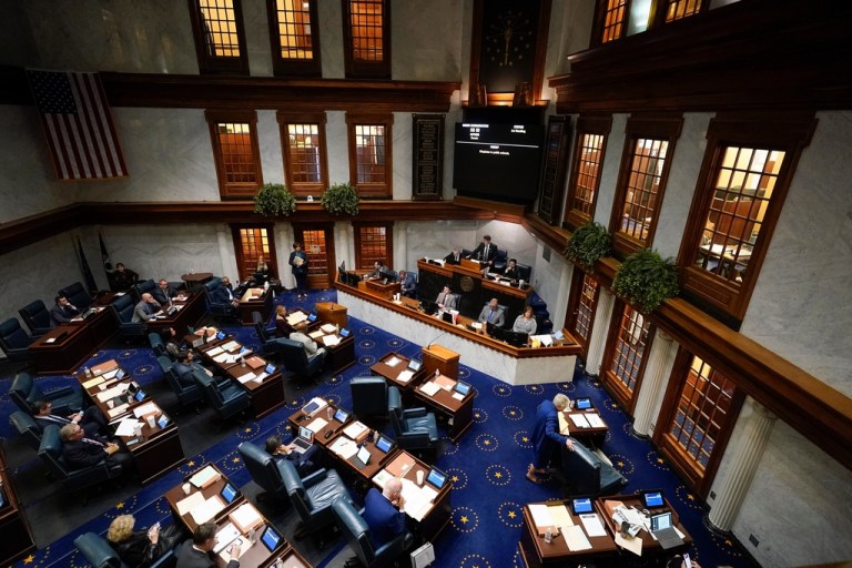 Senators meet in the Senate chamber of the Indiana Statehouse.