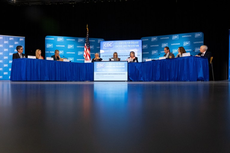 The CDC Advisory Committee on Immunization Practices meets in Atlanta on Friday, Dec. 5, 2025 to consider changes in hepatitis B vaccine recommendations for infants.  (AP Photo/Ben Gray)