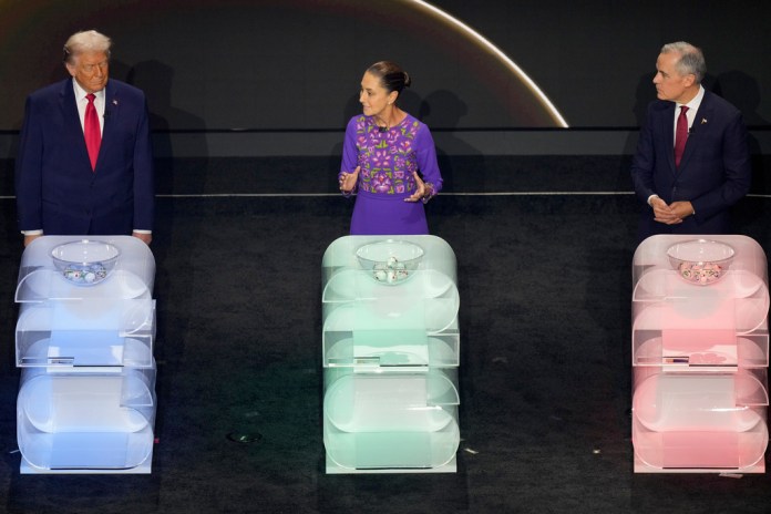President Donald Trump, Mexican President Claudia Sheinbaum, and Canadian Prime Minister Mark Carney participate in the draw for the 2026 World Cup.