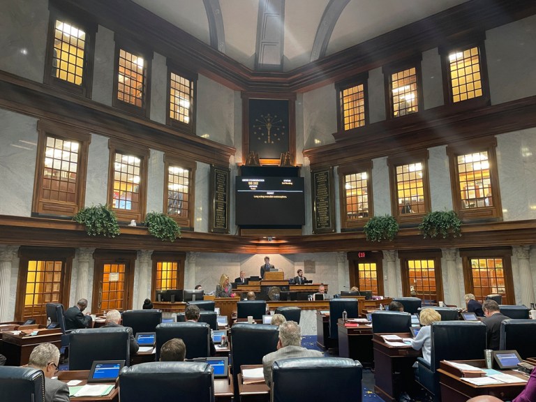 FILE - Legislators meet at the Indiana Statehouse in Indianapolis, Feb. 7, 2023. (AP Photo/Arleigh Rodgers, file)