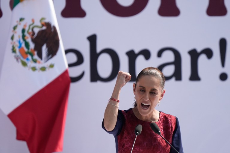 Claudia Sheinbaum speaks to a rally in Mexico City