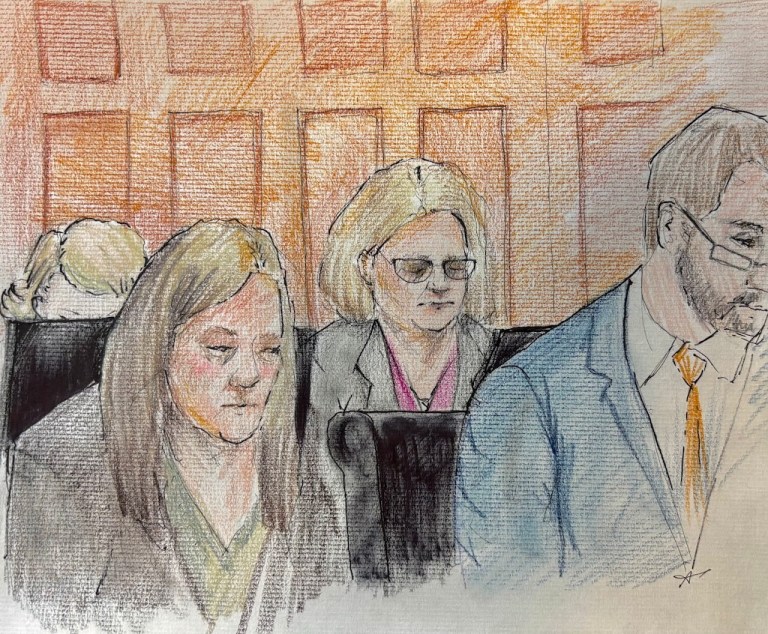 This courtroom sketch depicts Milwaukee County Circuit Judge Hannah Dugan in court as jury selection in her trial begins Thursday, Dec. 11, 2025 in Milwaukee, Wis. (Adele Tesnow via AP)