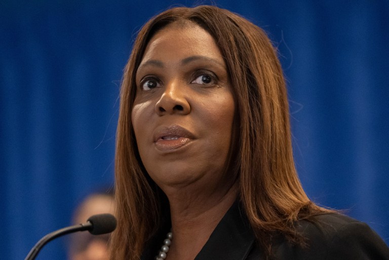 New York Attorney General Letitia James speaks during a press conference.