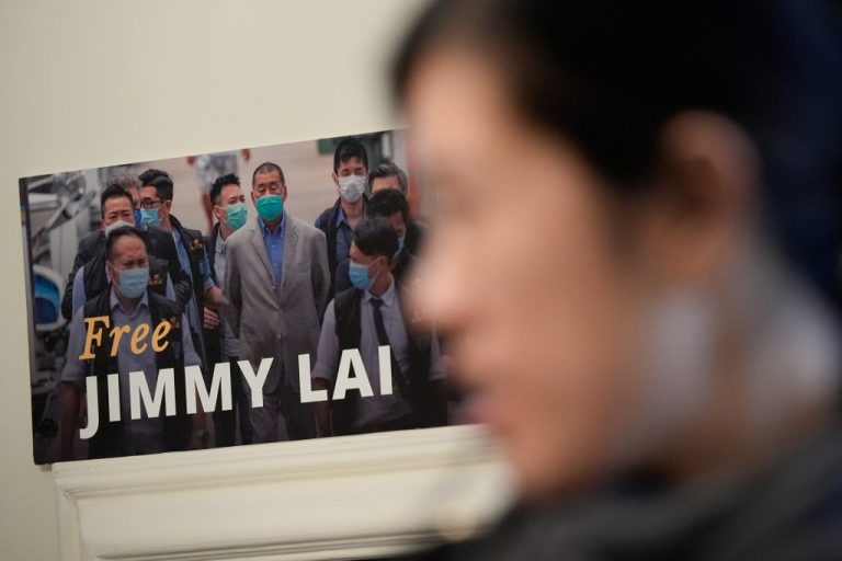 Claire Lai, daughter of Jimmy Lai, attends a news conference.