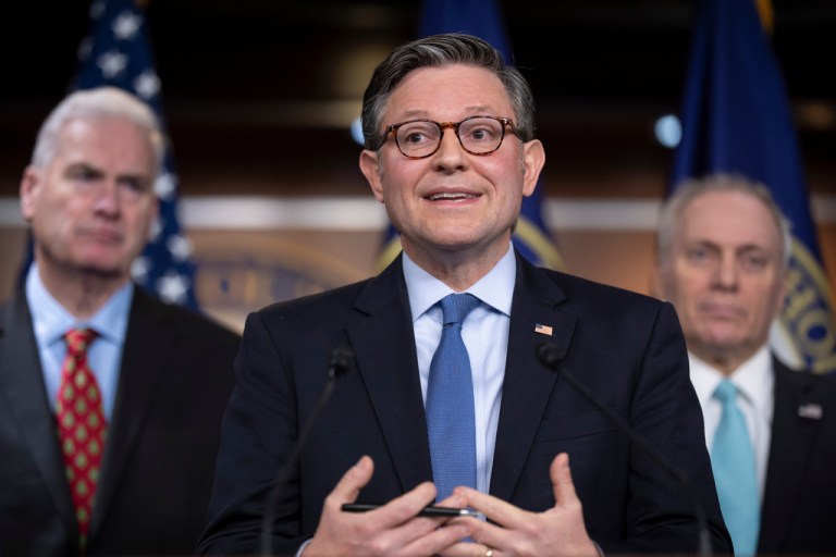 Speaker of the House Mike Johnson, R-La., meets with reporters as Republicans struggle with a plan to address growing health care costs at the Capitol.