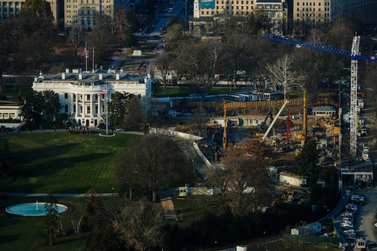 Work continues on the construction of the ballroom at the White House where the East Wing once stood, Tuesday, Dec. 16, 2025, in Washington. (AP Photo/Julia Demaree Nikhinson)