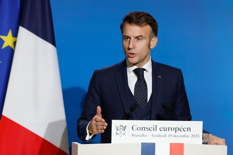 French President Emmanuel Macron speaks during a media conference at the EU Summit in December.