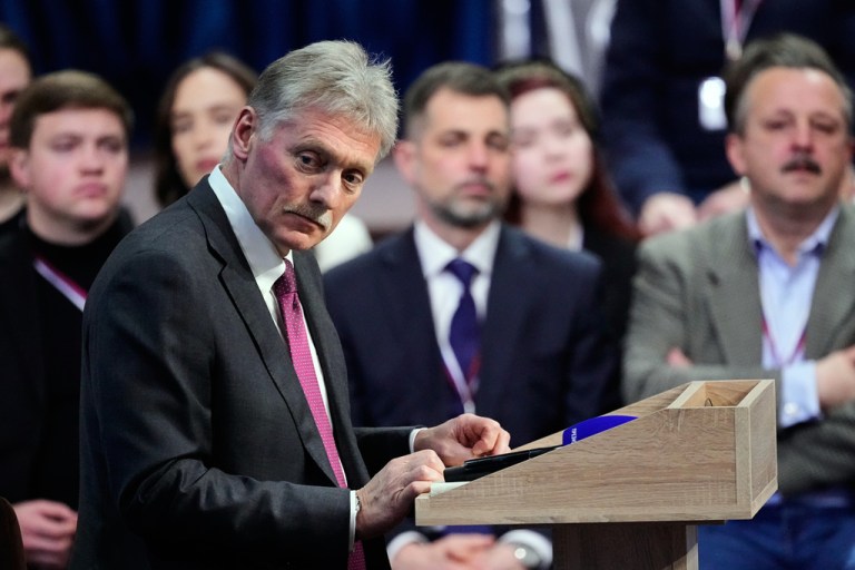 Kremlin spokesman Dmitry Peskov attends Russian President Vladimir Putin's annual news conference and call-in show at the Gostinny Dvor in Moscow.