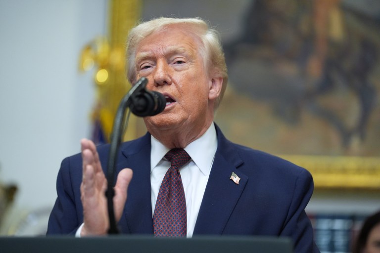 President Donald Trump speaks during an event on prescription drug prices in the Roosevelt Room of the White House.
