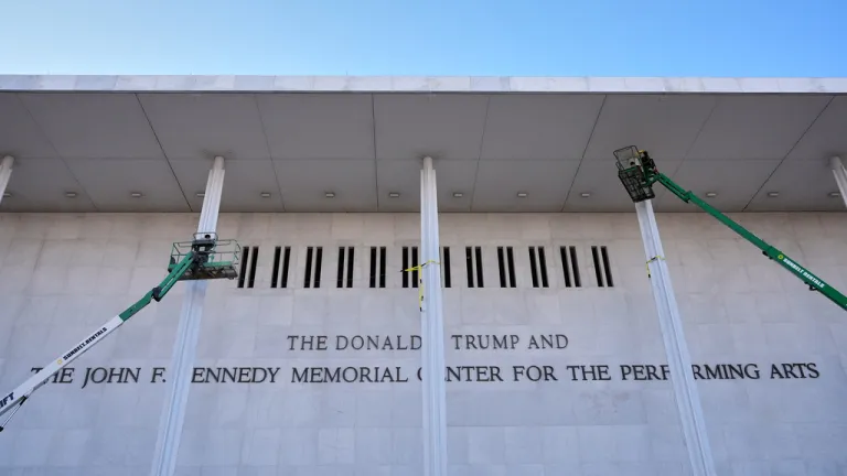 New signage shown of the Donald J. Trump and The John F. Kennedy Memorial Center For The Performing Arts.