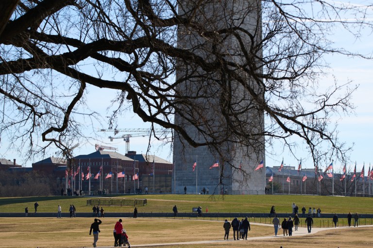 People walk beyond a tree on the National Mall by the Washington Monument in Washington.