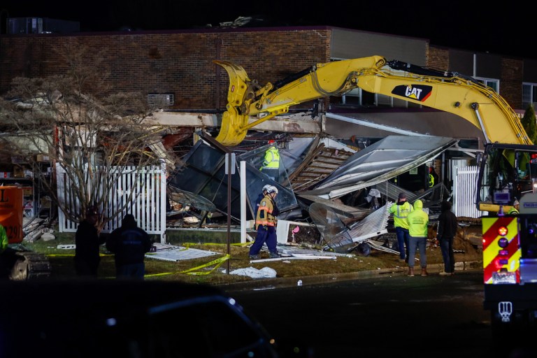First responders work at the scene of an explosion and fire at Bristol Health & Rehab Center, Tuesday, Dec. 23, 2025, in Bristol, Pa. (Monica Herndon/The Philadelphia Inquirer via AP)
