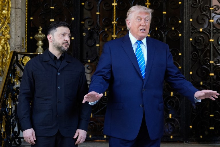 President Donald Trump greets Ukraine's President Volodymyr Zelenskyy at his Mar-a-Lago club