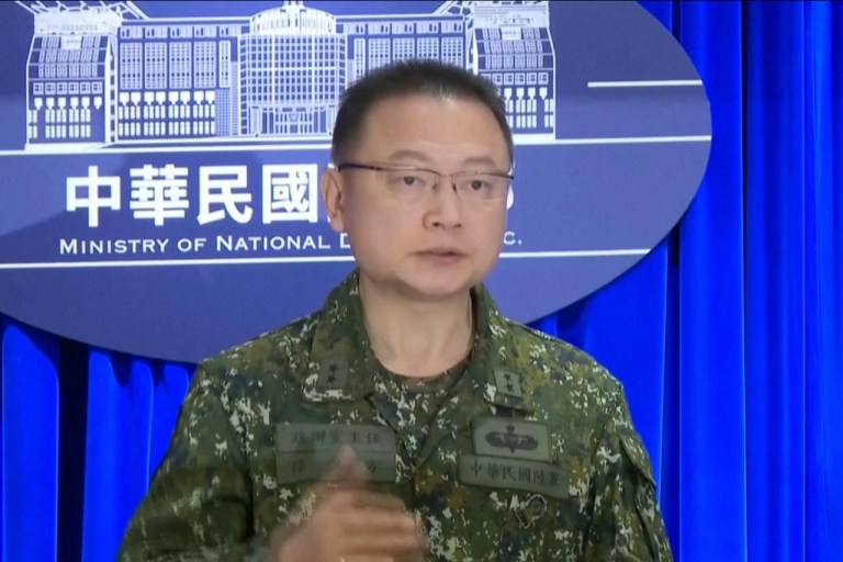 Taiwan Defense Ministry Spokesman Sun Li-fang speaks at a press conference.