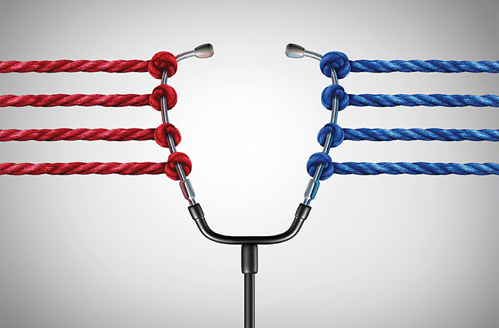 A stethoscope being held up by blue and red rope.