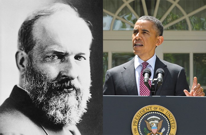 Left: U.S. President James Abram Garfield (1831-1881)  (Getty Images)
Right: President Barack Obama announces the Deferred Action for Childhood Arrivals program in the White House Rose Garden, June 15, 2012, using executive authority to protect young immigrants when Congress did not act. (Susan Walsh/AP)