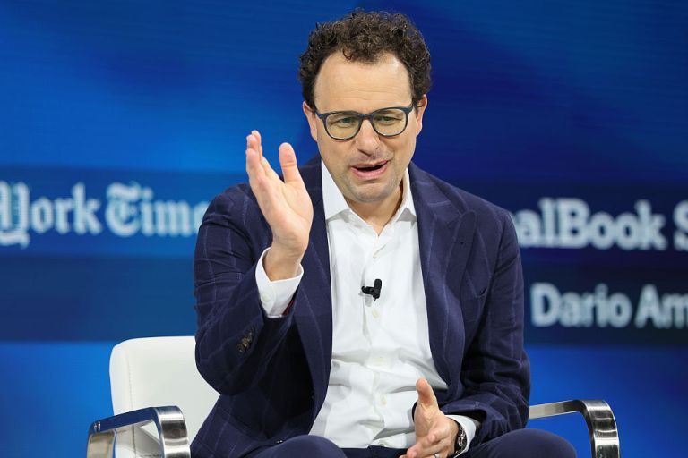 CEO and cofounder of Anthropic Dario Amodei speaks onstage during the 2025 New York Times Dealbook Summit at Jazz at Lincoln Center on Dec. 3, 2025, in New York City. (Michael M. Santiago/Getty Images)