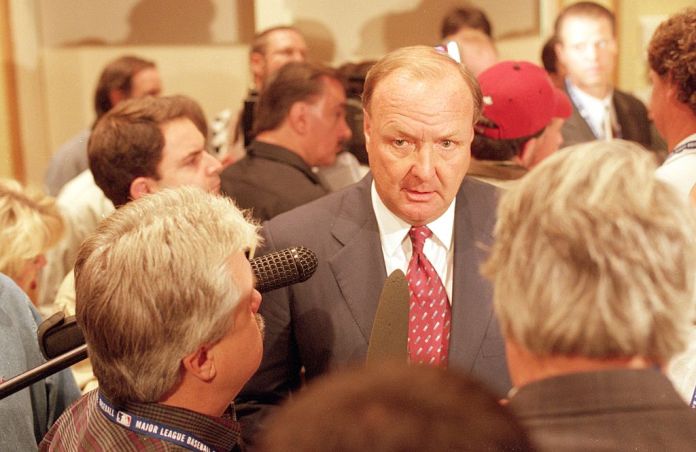 Owner Tom Hicks of the Texas Rangers talks to the media before a press conference for Alex Rodriguez of the Texas Rangers at The Ball Park in Arlington, Texas. (Gary Barber / Allsport via Getty Images)