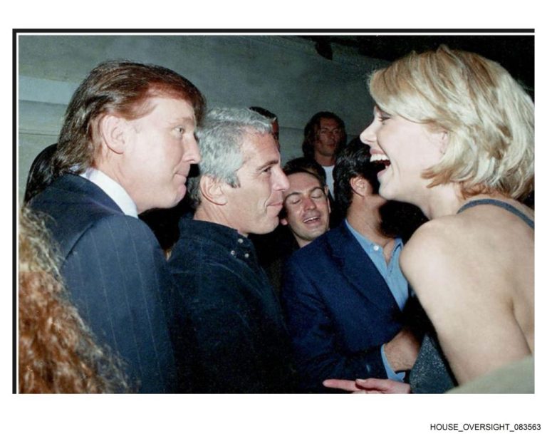 Donald Trump walks behind Jeffrey Epstein.