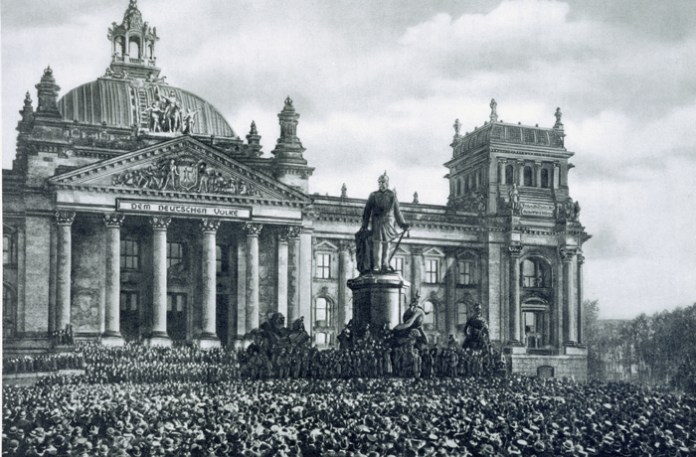 The proclamation of the German Republic in Berlin on November 9, 1918, marking the beginning of the Weimar Republic at the end of World War I.