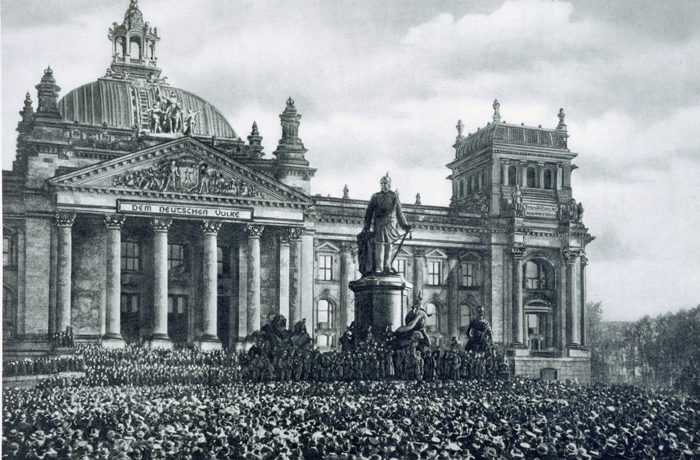 The proclamation of the German Republic in Berlin on November 9, 1918, marking the beginning of the Weimar Republic at the end of World War I.