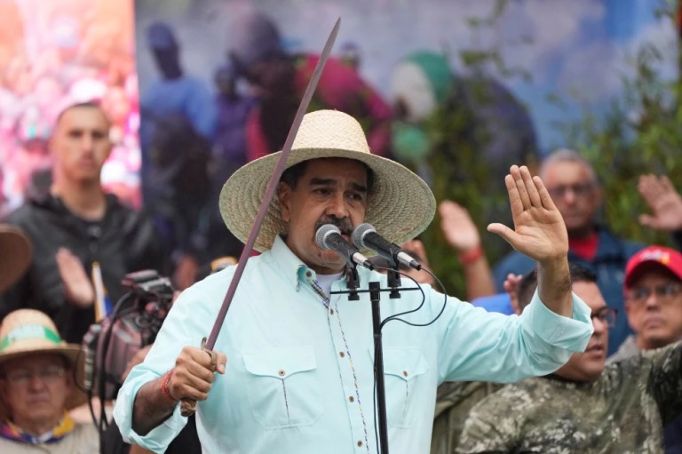 President Nicolas Maduro addresses supporters during a rally marking the anniversary of the Battle of Santa Ines, which took place during Venezuela’s 19th-century Federal War, in Caracas, Venezuela.