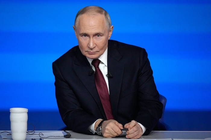 Russian President Vladimir Putin speaks during an annual news conference in Moscow, Dec. 19, 2025.