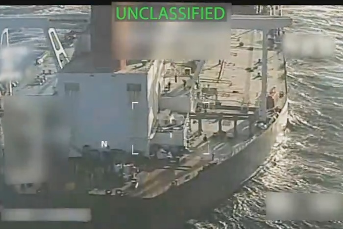 This image from video posted on Attorney General Pam Bondi's X account, and partially redacted by the source, shows an oil tanker being seized by U.S. forces off the coast of Venezuela, Wednesday, Dec. 10, 2025. (U.S. Attorney General's Office/X via AP) Screenshot