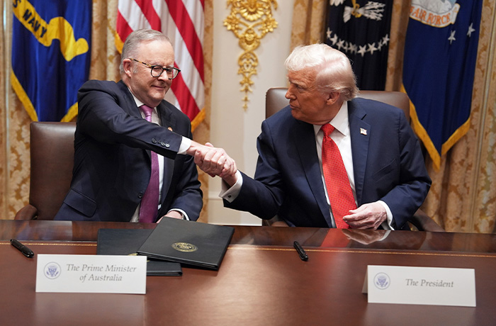President Donald Trump shakes the hand of Australian Prime Minister Anthony Albanese after signing an $8.5 billion agreement on rare earth minerals at the White House on Oct. 20, 2025. (Evan Vucci/AP)