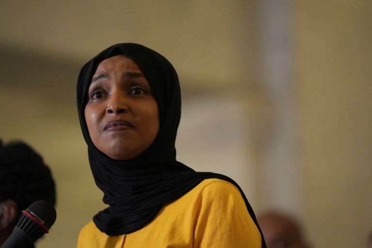 Rep. Ilhan Omar (D-MN) speaks during a news conference in Minneapolis City Hall.