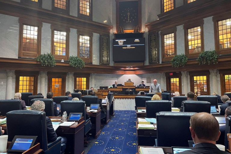 Republican Indiana state Sen. Travis Holdman speaks before the state Senate at the Statehouse.