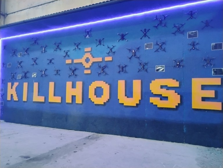 A wall of drones on display at Killhouse, the training and R&D facility of Ukraine's 3rd Assault Brigade.