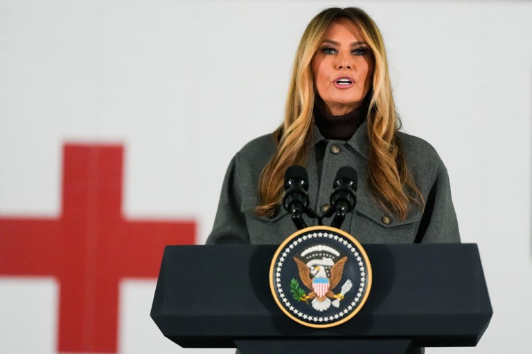 First lady Melania Trump speaks before building Red Cross holiday care packages and writing holiday cards to military service members.