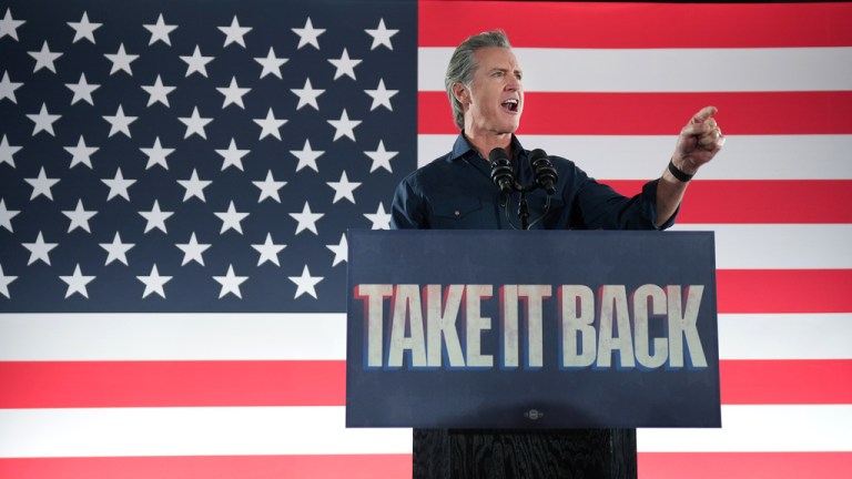Gavin Newsom speaks during a rally with Harris County Democrats