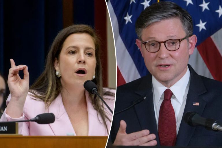 A collage of Rep. Elise Stefanik (R-NY) and House Speaker Mike Johnson (R-LA).