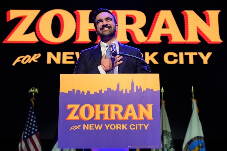 Zohran Mamdani speaks during a victory speech at a mayoral election night watch party.