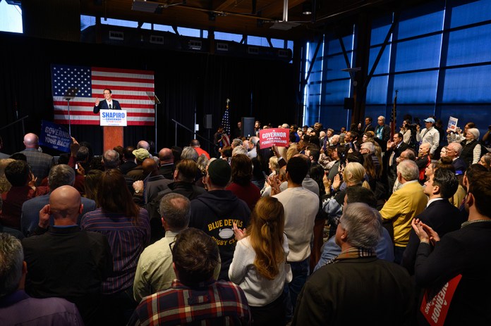 Pennsylvania Governor Josh Shapiro announces to crowd his run for a second term on Thursday, Jan. 8, 2026, at the Carpenters Union Local 432 in Pittsburgh.