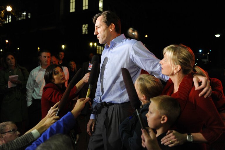 Oregon Republican gubernatorial candidate Chris Dudley, with his wife and children, concedes victory to John Kitzhaber outside a restaurant in Lake Oswego Oregon.